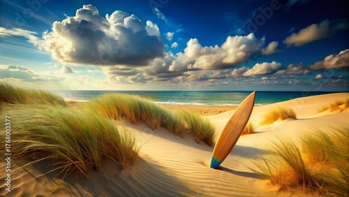 Serene coastal dunescape featuring a surfboard resting in the sand, bathed in the warm glow of sunlight, under a picturesque sky with fluffy clouds, reflecting tranquility and summer adventure.