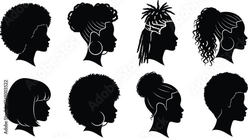Black hairstyle silhouette vector set featuring diverse afro, braid, bun, curly, and natural hair profiles for cultural representation