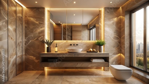 Luxurious Modern Bathroom Design with Warm Lighting, Elegant Marble, and a Sleek Floating Vanity Featuring Undermount Sink and Integrated Storage