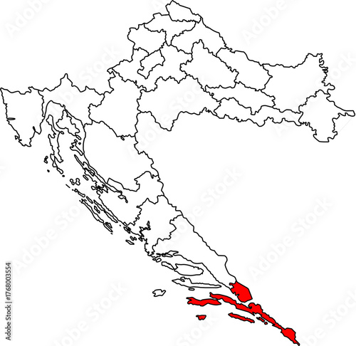 Editable vector map of Croatia (Hrvatska), highlighting Dubrovnik-Neretva County in Red. Features all 21 administrative divisions as outlines, ideal for presentations and data visualization.