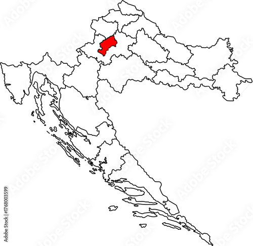 Red highlighted Grad Zagreb (City of Zagreb) on an editable vector map of Croatia. Features all 21 administrative divisions as outlines, ideal for data presentation.