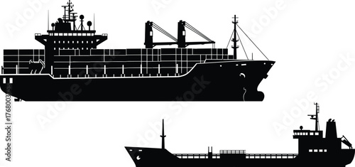 Black silhouette cargo ships vector illustration showing large container vessel and small freighter for maritime transport, logistics, shipping, and export concepts.