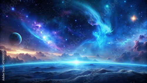 A Serene Celestial Landscape  Vast Expanse of Starry Night Sky, Nebulae Swirling, Distant Planet, and a Mysterious Horizon