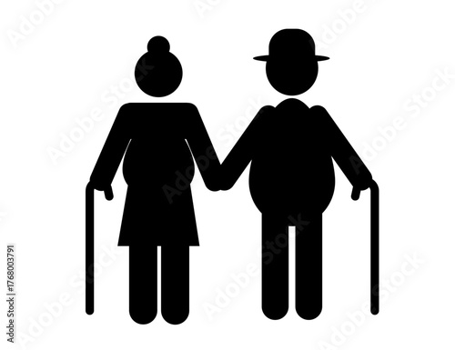 Elderly couple walking stick figure vector. Senior man and woman holding hands with canes symbol for retirement, old age support, and geriatric care services