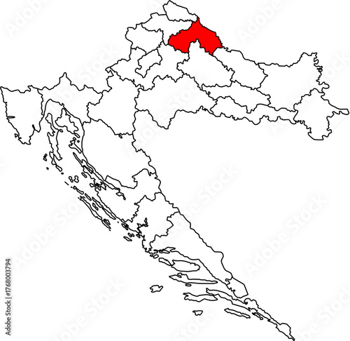 Editable vector map of Croatia (Hrvatska), highlighting Koprivnica-Križevci in Red. Features all 21 administrative divisions as outlines, ideal for presentations and data visualization.