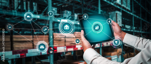Obraz na płótnie Smart warehouse management system with innovative internet of things technology to identify package picking and delivery