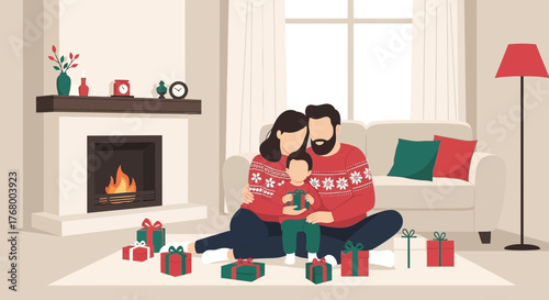 A delightful holiday scene featuring a family celebrating Christmas in a cozy living room