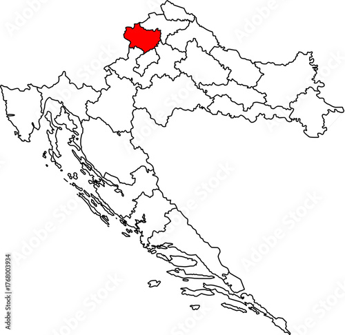 Editable vector map of Croatia (Hrvatska), highlighting Krapina-Zagorje County in Red. Features all 21 administrative divisions as outlines, ideal for presentations and data visualization.