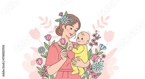 A heartwarming illustration of a mother cradling her baby surrounded by flowers for Mother's Day