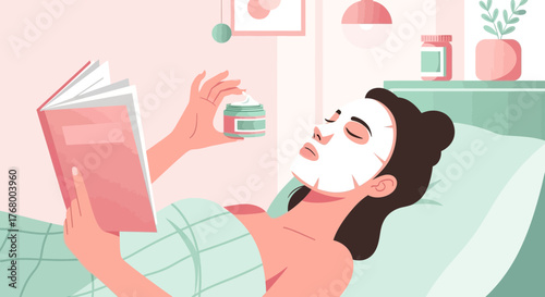 A woman enjoying a relaxing spa day at home with a face mask and a good book for self care
