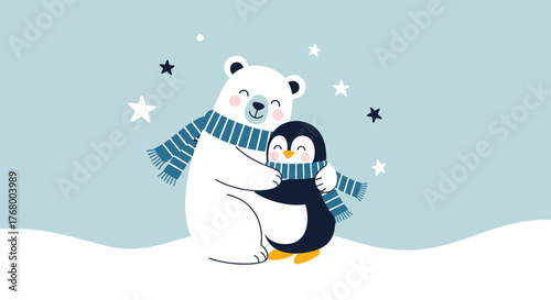 Adorable winter illustration of a polar bear hugging a penguin surrounded by stars spreading joy
