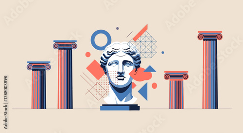 Abstract vector illustration with ancient Greek statue and geometric shapes art