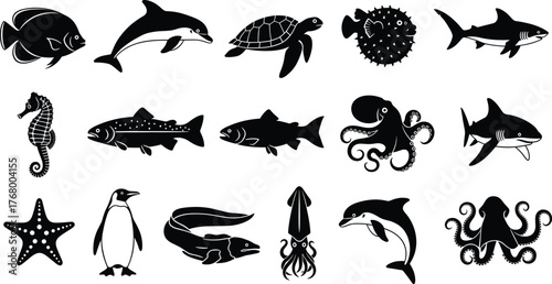 Black Silhouettes of Marine and Aquatic Animals Including Dolphin, Shark, Octopus, Turtle, Squid, Fish, Penguin, and Starfish Icons