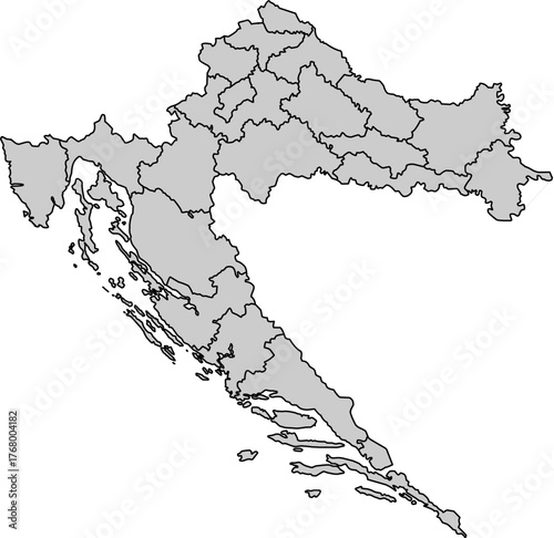 Grey filled vector political map of Croatia (Hrvatska), featuring all 21 administrative counties (županije) with internal borders, and the entire country outline filled with a solid grey color.