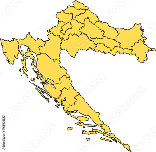 Yellow filled vector political map of Croatia (Hrvatska), featuring all 21 administrative counties (županije) with internal borders, and the entire country outline filled with a solid yellow color.