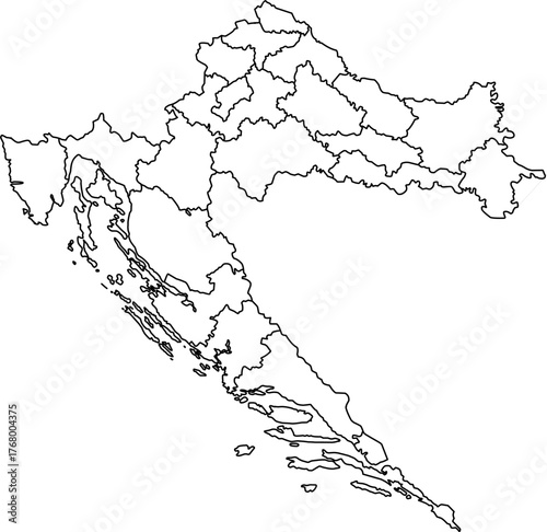 Detailed outline map of Croatia (Hrvatska) with internal administrative borders, featuring the 21 counties (županije) of the country. A clean, vector-based political map 
