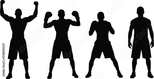 Boxer silhouette vector set showing male athletic poses, fighting stances, victory gesture, training posture for sports, fitness, and design themes