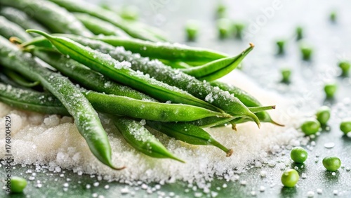 Frozen Green Beans and Peas Resting on a Bed of Ice Crystals