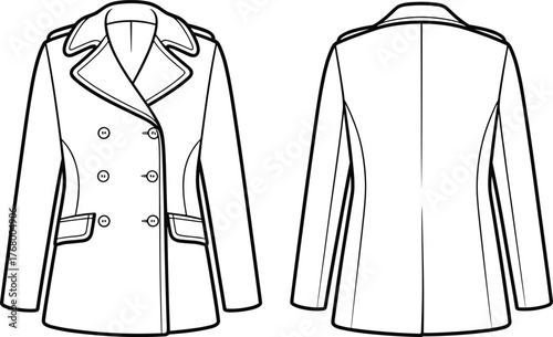 Double breasted coat sketch, fashion illustration, technical drawing, garment design, notched lapel, flap pockets, tailored silhouette, coat back view, formal outerwear