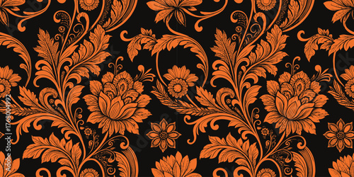 Elegant floral pattern in vibrant orange against a striking black background.