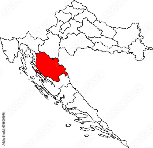 Editable vector map of Croatia (Hrvatska), highlighting Lika-Senj County in Red. Features all 21 administrative divisions as outlines, ideal for presentations and data visualization.