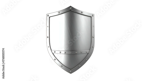 A glossy, silvery shield, front-facing, against a black background, with a reflective surface