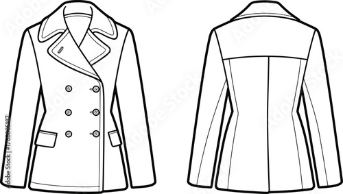 Double breasted coat sketch, fashion illustration, technical drawing, garment design, tailored outerwear, notched lapel, structured silhouette, coat back view