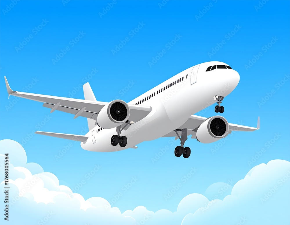 Obraz premium Cartoon of white commercial jet plane ascending through a blue sky