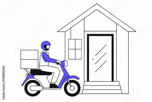 Delivery Man on Scooter with Parcel Box arriving at House Door for Home Delivery Service Vector Illustration.