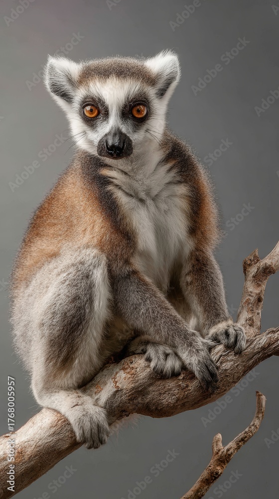 Fototapeta premium Portrait of a Ring-Tailed Lemur Sitting on a Branch in Studio