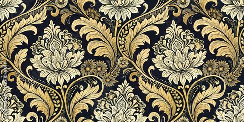 Elegant floral pattern featuring gold and cream motifs against a deep black background.