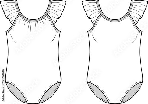 Girl's swimsuit fashion sketch, ruffle sleeve swimwear design, technical illustration, kids swimwear template, garment construction, scoop neckline, high cut