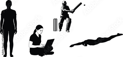 Silhouette illustration of standing figure, laptop user, cricket player, and swimmer representing digital work, sports, posture, and active lifestyle