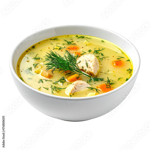 A white bowl filled with chicken soup, garnished with dill and carrots, clipart, isolated on a transparent background.