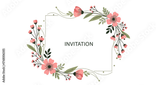 Elegant floral frame with pink flowers and green leaves design for invitation card