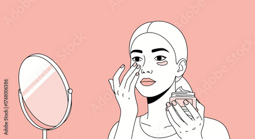 Elegant illustration of a woman applying skincare cream in front of a mirror on a pink background