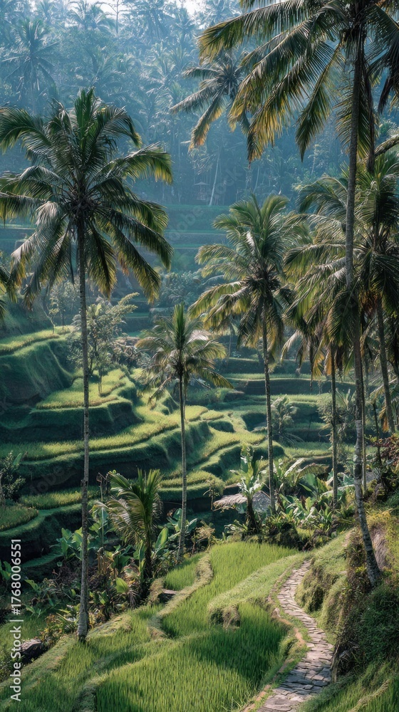 Obraz premium Scenic rice terraces with palm trees