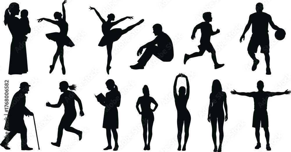 Naklejka premium Silhouette of diverse people in motion, dancing, reading, walking, running, sports, lifestyle, expressive human poses for design use