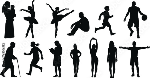 Silhouette of diverse people in motion, dancing, reading, walking, running, sports, lifestyle, expressive human poses for design use