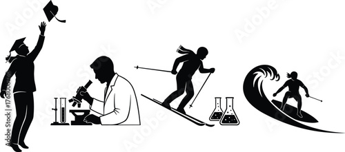 Silhouette of graduate, scientist, skier, surfer with lab tools, showcasing education, science, sports, lifestyle, and creative vector concepts