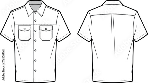 Short sleeve shirt sketch, technical fashion drawing, front and back view, button-up design, chest pockets, collar detail, garment template, apparel illustration