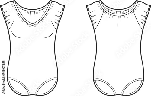 Sleeveless bodysuit fashion sketch, technical garment illustration, V-neck and round neckline, kids wear design, high cut leg, shoulder detail