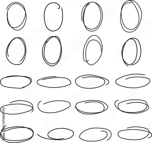 Hand drawn oval and circle doodle set. Imperfect sketch vector shapes on white background