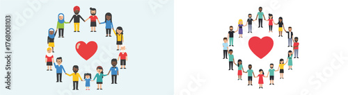 Diverse Group Circle Around Heart: Flat Vector Illustration