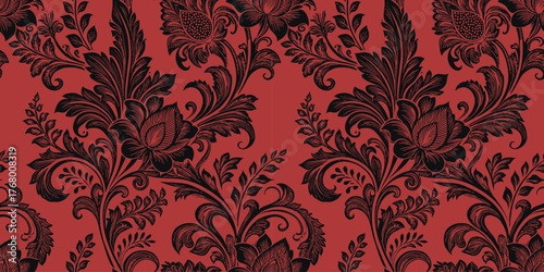 Elegant floral pattern in black on a warm red background, perfect for sophisticated designs.