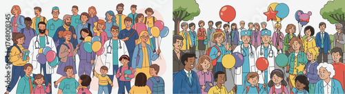 Flat Vector Art of Diverse Community, Adults and Children, with Colorful Balloons