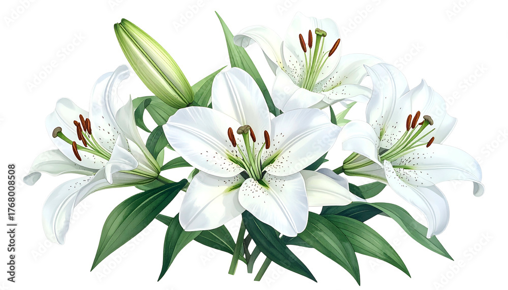 Obraz premium Realistic depiction of a bouquet of white lilies with detailed petals and green leaves