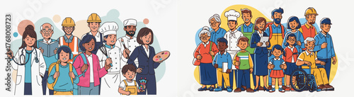 Colorful Flat Vector Illustration of Diverse Community and Professional People