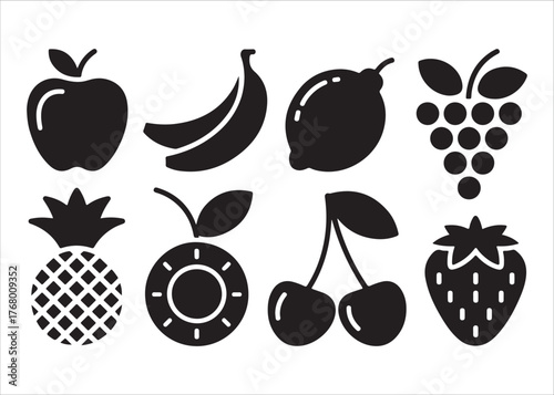  Collection of black and white fruit icons for healthy eating and recipes