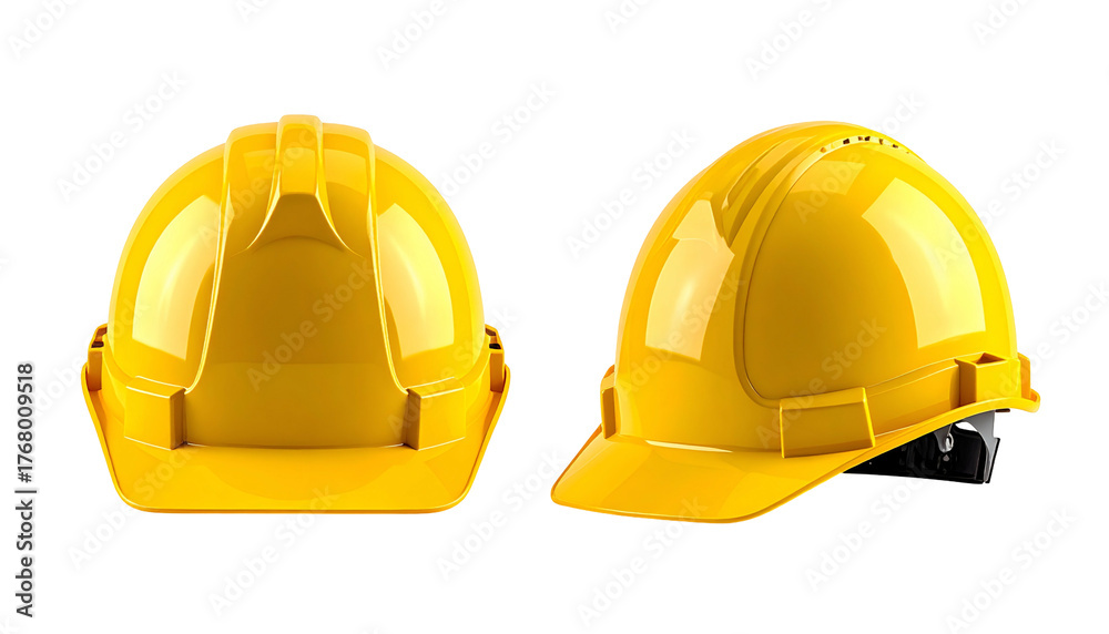 Fototapeta premium Two yellow protective hard hats, one from behind, other angled, against a black background